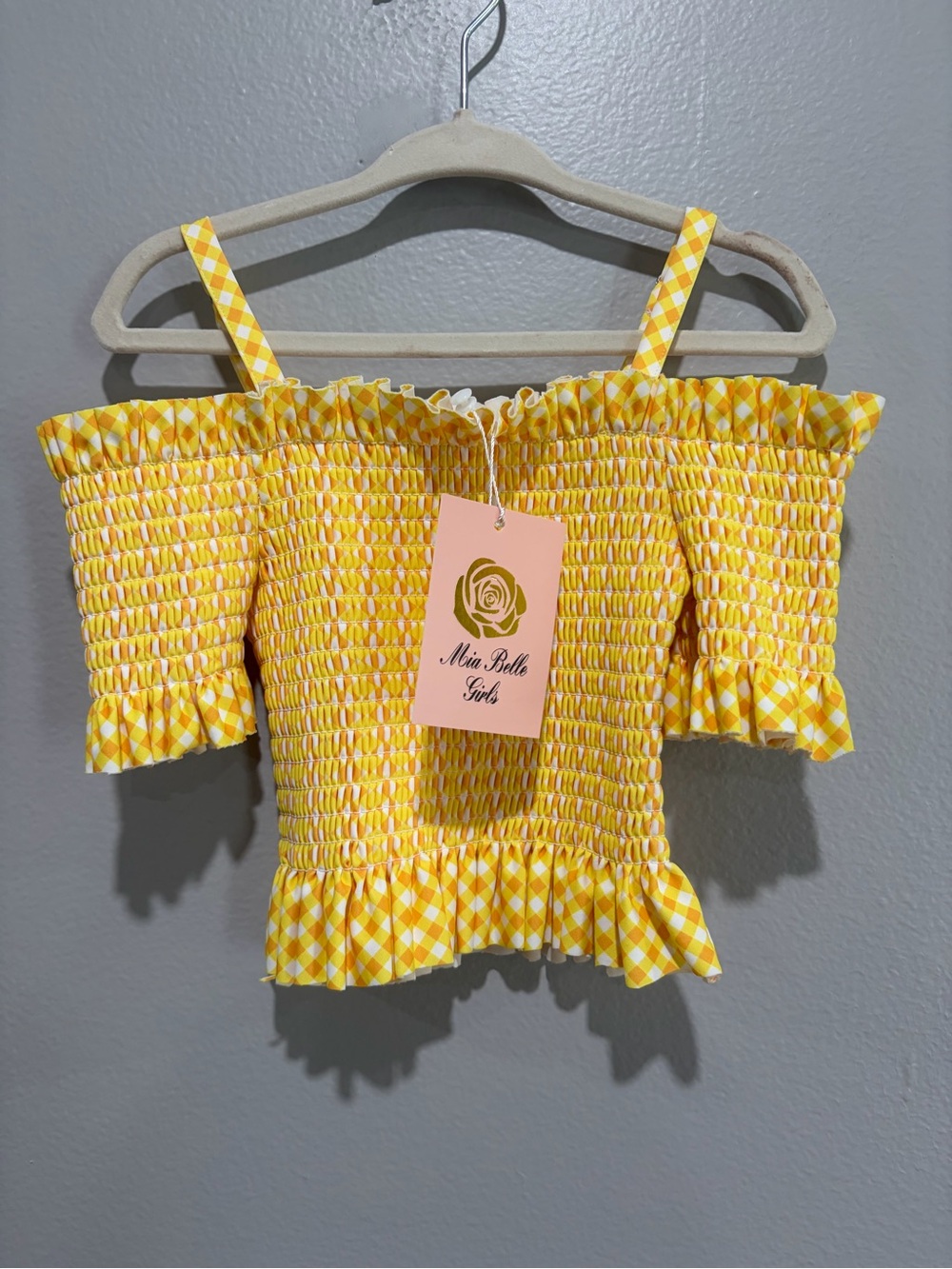 Set of 4 Mia BelleGirl’s size Small Smocked Off-Shoulder Crop Tops scroll to see